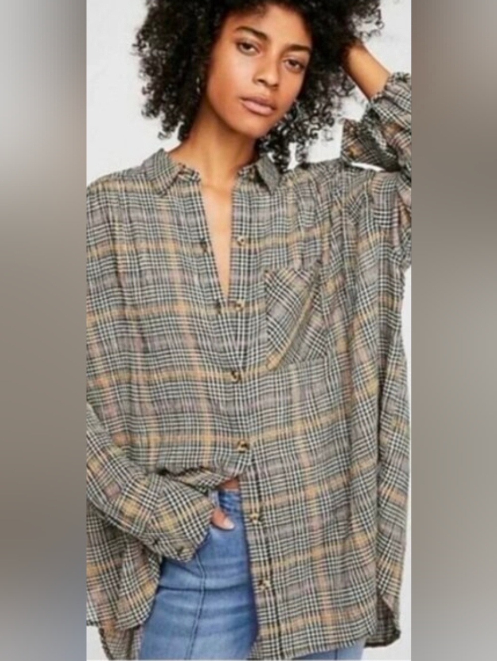 Free People Break My Stripe Long Sleeve Shirt Tunic Metallic Plaid Black Small